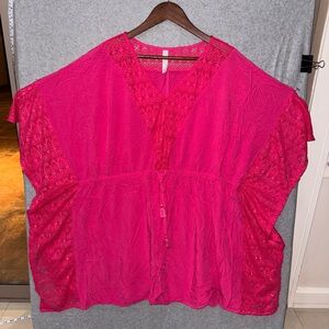Cacique Pink Flutter Sleeve Blouse/Cover Up with Mandarin Collar